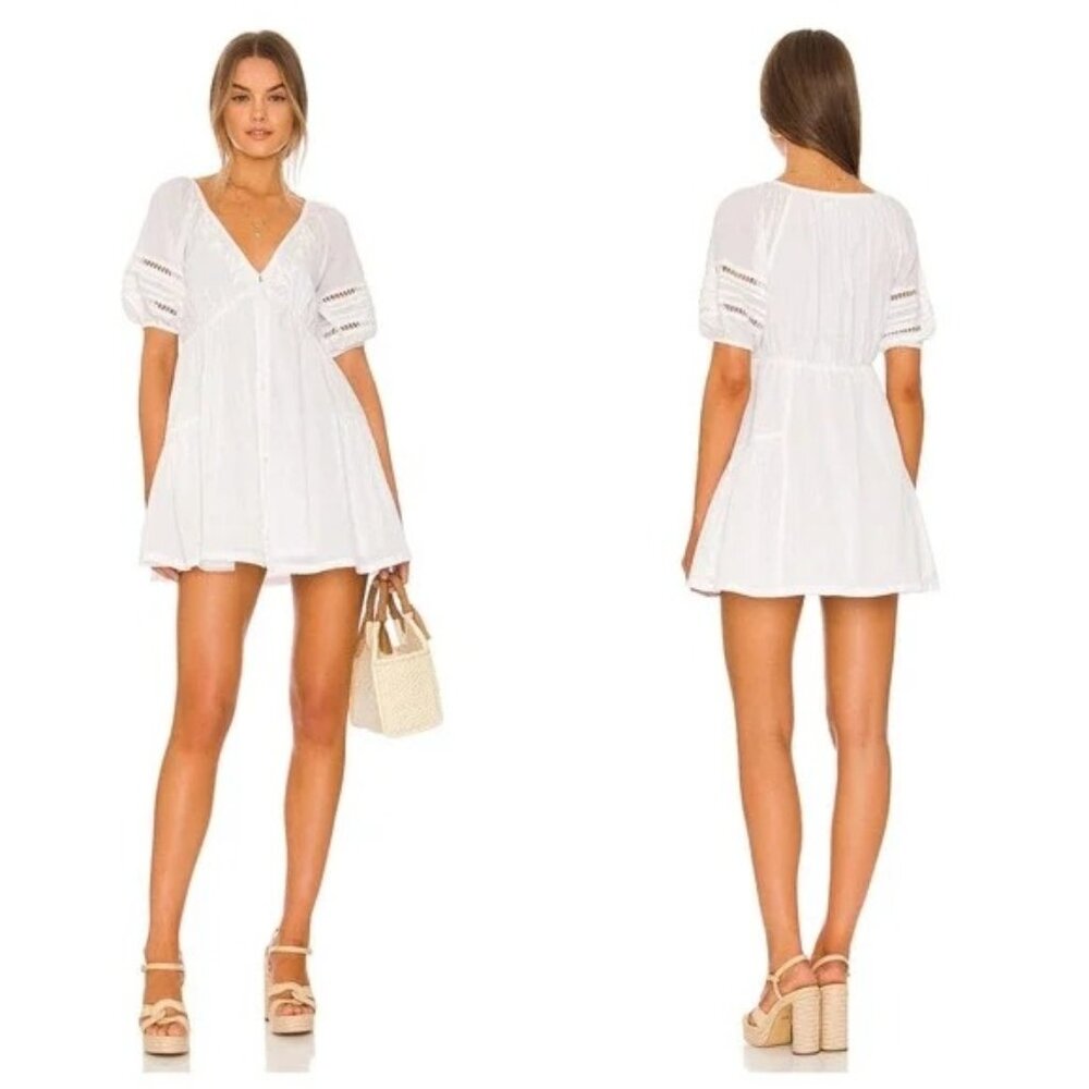 Tularosa Ciceli Embroidered White Mini Dress Large Boho Style With Puff Sleeves